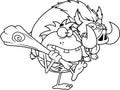 Outlined Caveman Cartoon Character With Club Carrying Boar