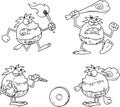 Outlined Caveman Cartoon Characters. Vector Hand Drawn Collection Set