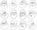 Outlined Classic Santa Claus Face Portrait Cartoon Characters. Vector Collection Set