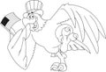 Outlined Crazy Patriotic Eagle Cartoon Character Wearing A USA Hat And Waving An American Flag