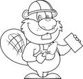 Outlined Cute Beaver Builder Cartoon Character Wearing A Helmet And Using Trowel And Brick