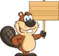 Outlined Cute Beaver Cartoon Mascot Character Holding Up A Wooden Sign Royalty Free Stock Photo