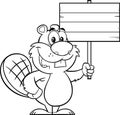 Outlined Cute Beaver Cartoon Mascot Character Holding Up A Wooden Sign Royalty Free Stock Photo