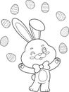 Outlined Cute Bunny Rabbit Cartoon Character Juggling With Easter Eggs