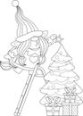 Outlined Cute Christmas Female Gnome Cartoon Character Decorates The Christmas Tree