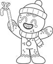 Outlined Cute Christmas Gingerbread Man Cartoon Character Holding Up A Candy Cane Royalty Free Stock Photo