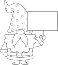 Outlined Cute Christmas Gnome Cartoon Character Holding Up A Blank Sign