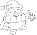 Outlined Cute Christmas Penguin Cartoon Character Ringing A Bell