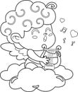 Outlined Cute Cupid Angel Cartoon Character Sing A Love Song With Harp Over Clouds