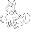 Outlined Cute Dog And Cat Cartoon Characters Together Royalty Free Stock Photo