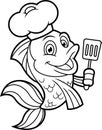 Outlined Cute Fish Chef Cartoon Character Holding A Slotted Spatula