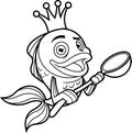 Outlined Cute Fish Or Goldfish Cartoon Character With Crown Holding A Spoon