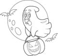 Outlined Cute Halloween Ghost Cartoon Character Flying With A Pumpkin Basket