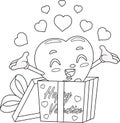 Outlined Cute Heart Retro Cartoon Character Exit From Gift Box