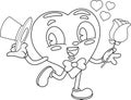 Outlined Cute Heart Retro Cartoon Character Holding A Rose