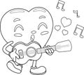 Outlined Cute Heart Retro Cartoon Character Playing A Guitar And Singing