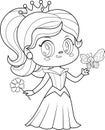 Outlined Cute Little Princess Girl Cartoon Character With Flower And Butterfly Royalty Free Stock Photo