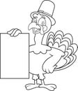Outlined Cute Pilgrim Turkey Cartoon Character Holding A Blank Sign