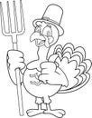 Outlined Cute Pilgrim Turkey Cartoon Character Holding A Pitchfork And Giving The Thumbs Up