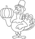 Outlined Cute Pilgrim Turkey Cartoon Character Holding A Pumpkin