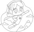 Outlined Cute Super Hero Kid Girl Cartoon Character Flying
