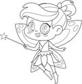 Outlined Cute Tooth Fairy Girl Cartoon Character Flying With Magic Wand Royalty Free Stock Photo