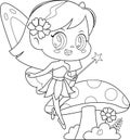 Outlined Cute Tooth Fairy Girl Cartoon Character Flying With Magic Wand Royalty Free Stock Photo