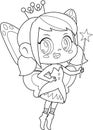 Outlined Cute Tooth Fairy Girl Cartoon Character Flying With Magic Wand Royalty Free Stock Photo