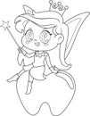 Outlined Cute Tooth Fairy Girl Cartoon Character Sitting On Tooth With Magic Wand Royalty Free Stock Photo