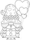 Outlined Cute Valentine Female Gnome Cartoon Character With Heart Balloons