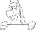 Outlined Draft Horse Cartoon Mascot Character Over A Sign