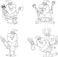 Outlined Drunk Naked Santa Claus And Reindeer Cartoon Characters. Vector Hand Drawn Collection Set