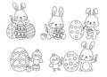 Outlined Easter Bunny and Chick Painting Easter Eggs Vector Illustration