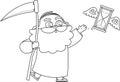 Outlined Father Time Man Cartoon Character With Scythe Try To Catching Flying Hourglass Royalty Free Stock Photo