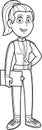 Outlined Female Gym Teacher Cartoon Character Speak And Holding Clipboard