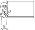 Outlined Female Teacher Cartoon Character Holding A Textbooks And Pointing To Chalk Board