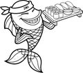 Outlined Fish Sushi Chef Cartoon Character Showing Sushi Set Japanese Seafood Royalty Free Stock Photo