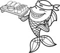Outlined Fish Sushi Chef Cartoon Character Showing Sushi Set Japanese Seafood Royalty Free Stock Photo