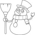 Outlined Friendly Snowman Cartoon Character Holding A Broom And Waving Royalty Free Stock Photo