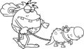 Outlined Funny Caveman Cartoon Character With Club And Dino Dog Goes To Hunting