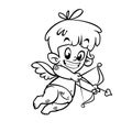 Outlined funny cupid cartoon character with bow and arrow. Vector coloring illustration for Valentine`s Day