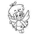 Outlined funny cupid cartoon character with bow and arrow. Vector coloring illustration for Valentine`s Day