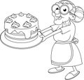 Outlined Funny Grandma Cartoon Character With Homemade Cake