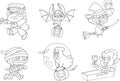 Outlined Funny Halloween Cartoon Characters. Vector Hand Drawn Collection Set