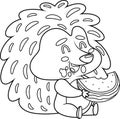 Outlined Funny Hedgehog Cartoon Character Eating Watermelon