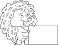 Outlined Funny Hedgehog Cartoon Character Holding A Blank Sign