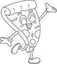 Outlined Funny Pizza Slice Retro Cartoon Character Waving