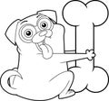 Outlined Funny Pug Dog Cartoon Character Holds A Big Bone