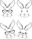 Outlined funny rabbit heads with eyeglasses isolated on white