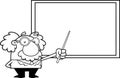 Outlined Funny Science Professor Cartoon Character Holding A Pointer Stick To A Chalkboard